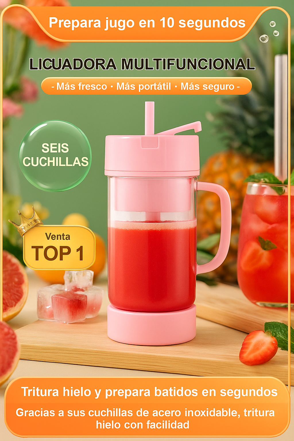 EXPRIMIDOR LICUADORA PORTATIL CON BOMBILLA Y Asa 340ml